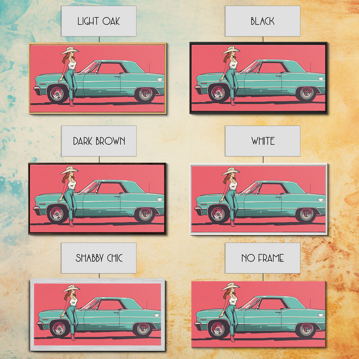 Cowgirl Leaning Against Classic Car in Pop Art Style, Vibrant Framed Canvas Print for Bedroom, Perfect Living Room Wall Art