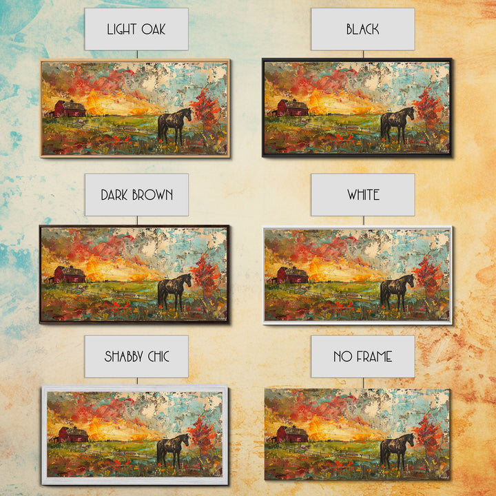 Horse and Red Barn in Colorful Field, Beautiful Farmhouse Art, Framed Canvas Print, Rustic Living Room Decor, Vibrant Wall Art