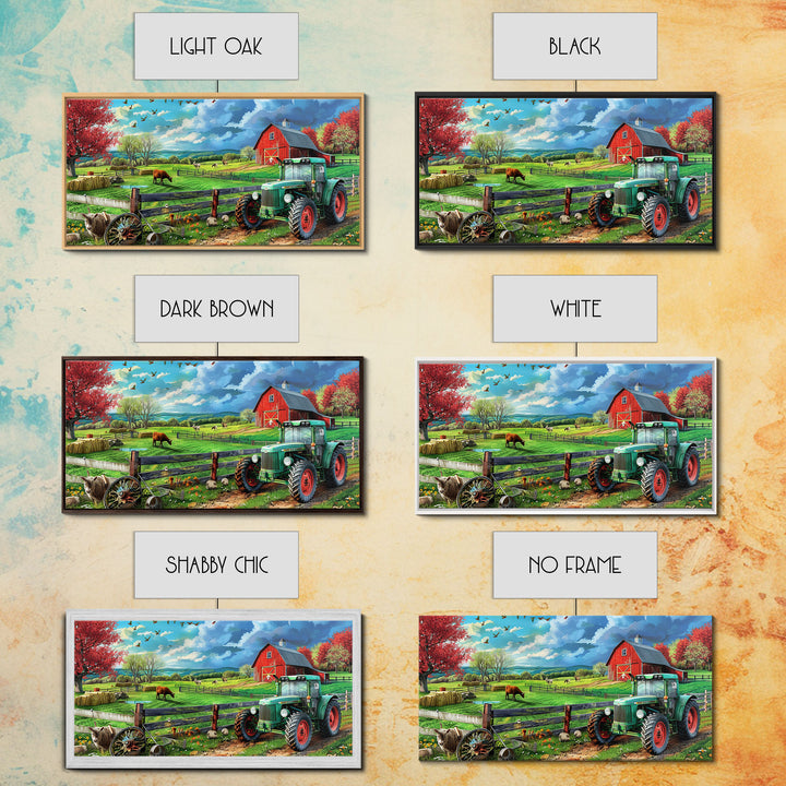 Green Tractor and Red Barn in Lush Fields, Perfect Farmhouse Art, Framed Canvas Print, Rural Wall Decor, Living Room Decoration