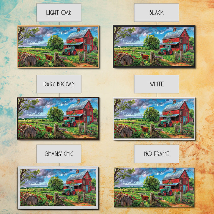 Rustic Barn with Green Tractor in Field, Stunning Country Art, Framed Canvas Print, Farmhouse Wall Decor, Living Room Decoration