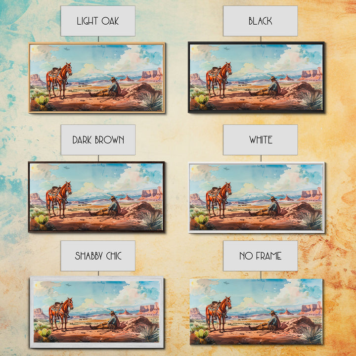 Cowboy Resting with Horse in Desert Landscape, Classic Western Art, Framed Canvas Print, Rustic Wall Decor, Living Room Decoration