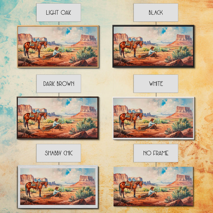 Cowboy Resting by Horse in Desert Scene, Rustic Farmhouse Art, Framed Canvas Print, Western Decor, Living Room Wall Art, Country Style