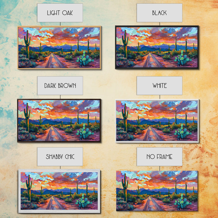Cacti and Mountains Under Sunset Sky, Vibrant Southwestern Landscape Art, Framed Canvas Print, Boho Living Room Decor, Desert Scene
