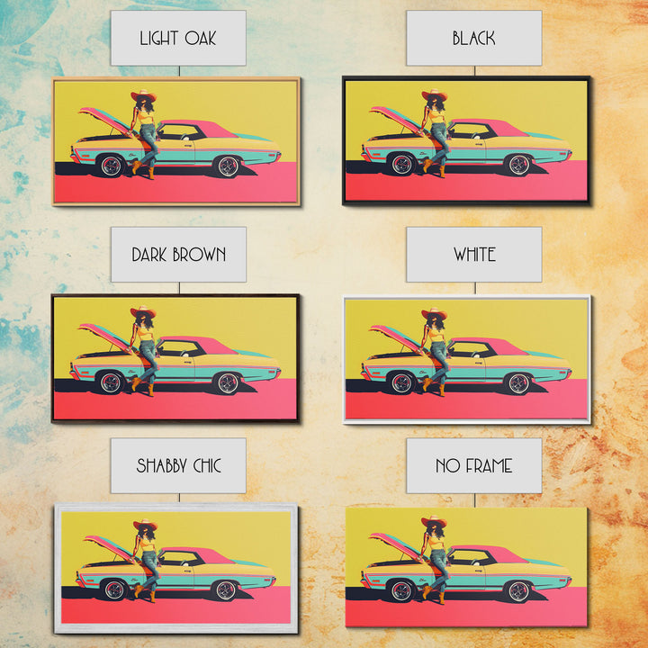 Colorful Pop Art Cowgirl with Classic Car, Framed Canvas Print for Living Room, Bright Bedroom Wall Art, Unique Home Decor