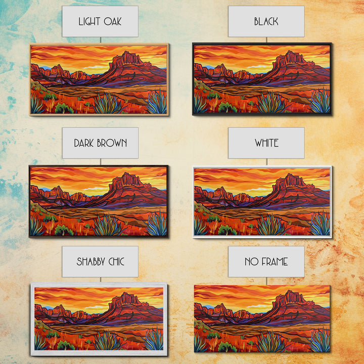 Colorful Desert Sunset with Saguaro Cacti, Framed Canvas Print for Living Room Art, Ideal for Southwestern and Boho Decor
