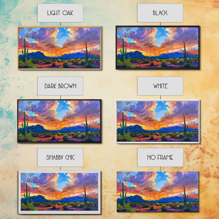 Stunning Desert Sunset with Cacti Silhouettes, Framed Canvas Print for Bedroom Art, Great for Boho and Southwestern Decor