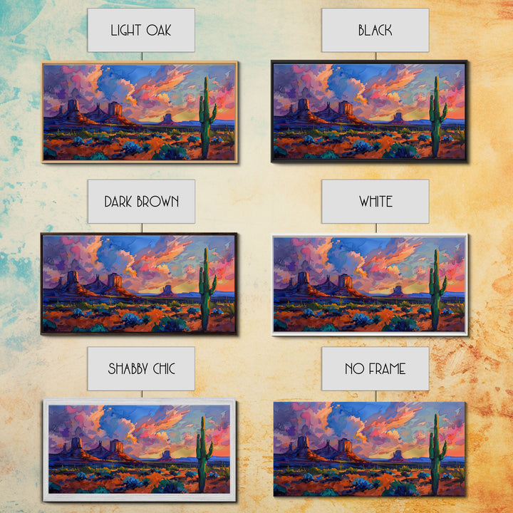 Radiant Mountain Sunset with Saguaro Cacti, Framed Canvas Print for Living Room Art, Perfect for Boho and Southwestern Decor