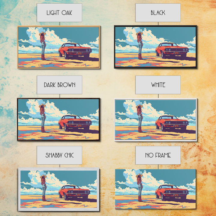 Stylized Cowgirl with Red Car in Vast Desert, Framed Canvas Print for Bedroom, Ideal Living Room Art, Retro Wall Decor