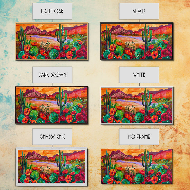 Majestic Cacti and Mountains at Sunset, Captivating Framed Canvas Print for Bedroom, Southwestern Style Wall Art, Nature Scene