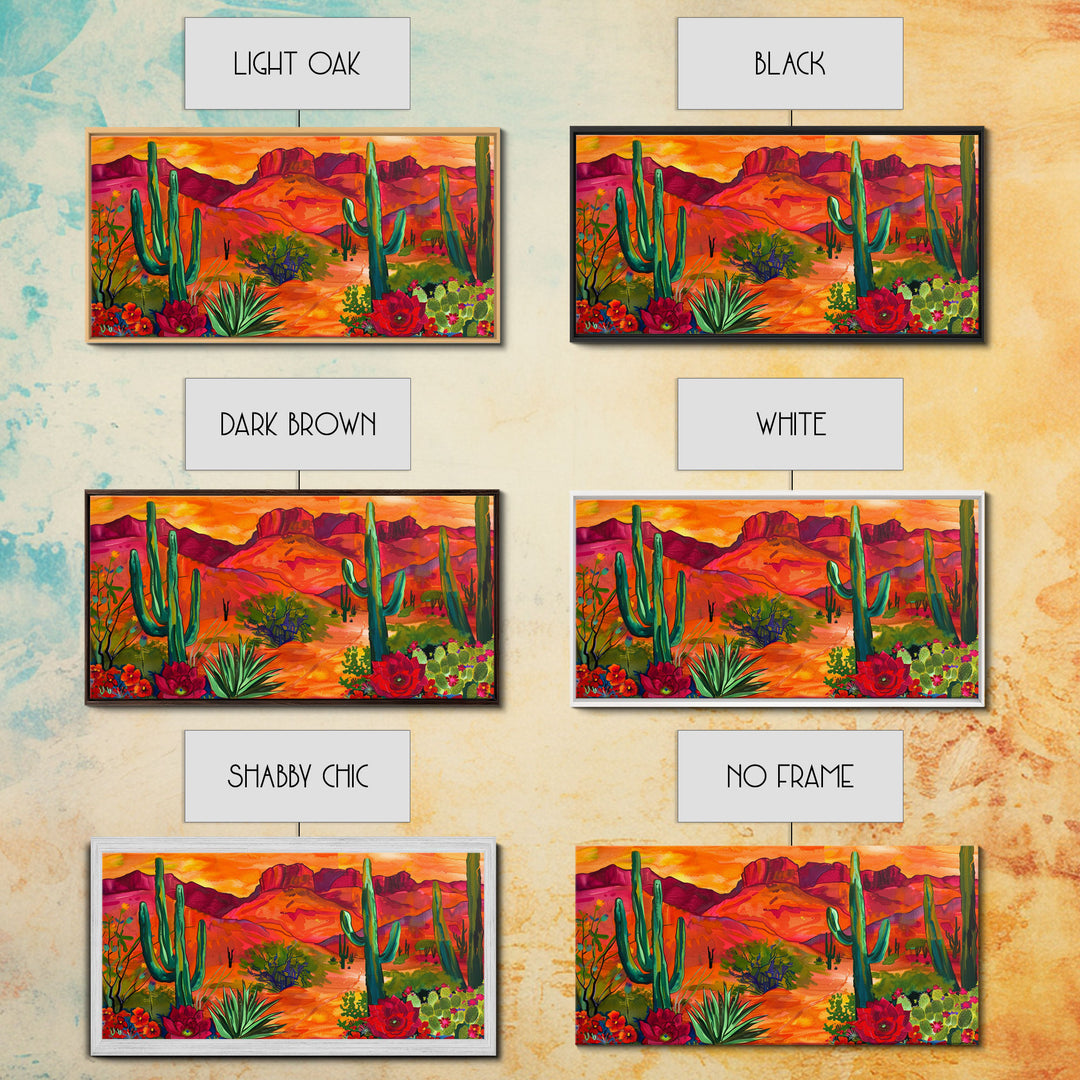 Colorful Desert Landscape with Cacti and Mountains, Stunning Framed Canvas Print for Living Room, Boho Wall Art, Nature Decor