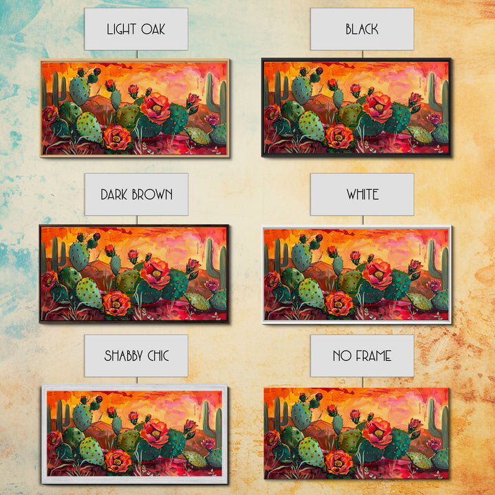 Prickly pear cacti with vibrant blooms in desert scene, Framed Canvas Print, great for modern living room, boho wall decor