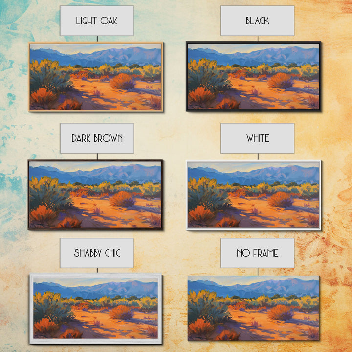 Serene desert landscape with vibrant colors, Framed Canvas Print, perfect for boho living room, southwestern wall art decor