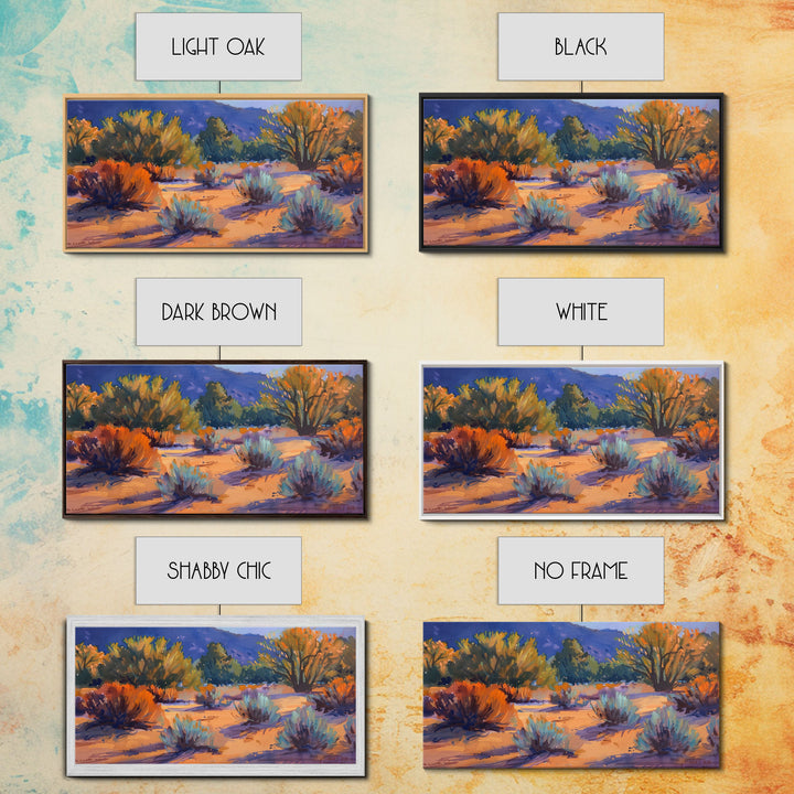 Colorful desert scene with distant mountains, Framed Canvas Print, ideal for minimalist living room, boho wall art decor