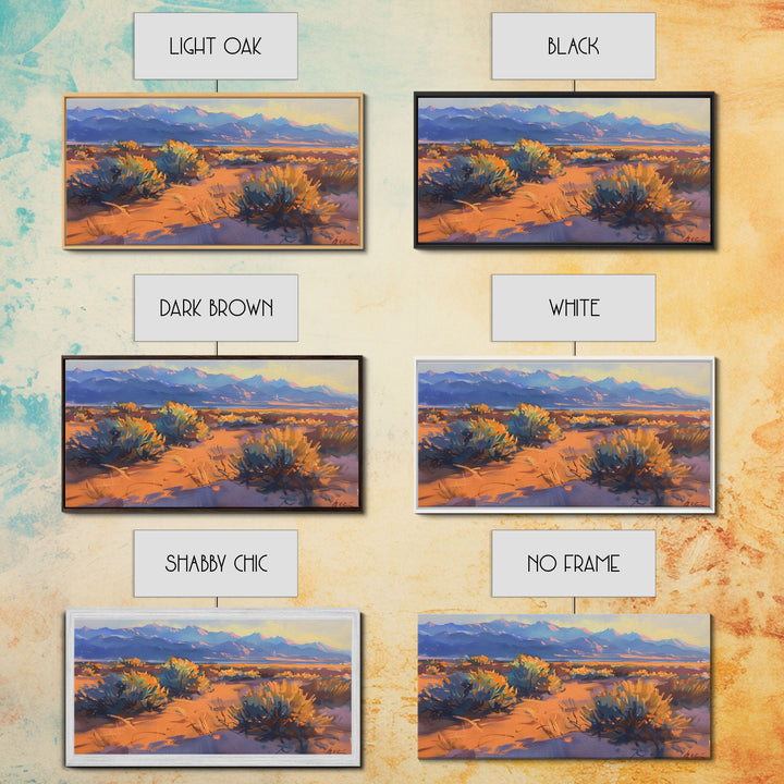 Desert brush and vibrant colors at sunset, Framed Canvas Print, perfect for southwestern living room, bohemian wall decor art