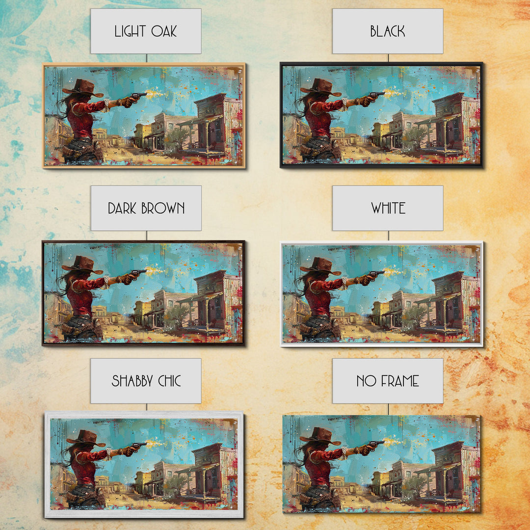 Framed Canvas Print Featuring Western Woman Shooting Revolver in Colorful Town, Ideal for Living Room Wall Art, Bedroom Decor