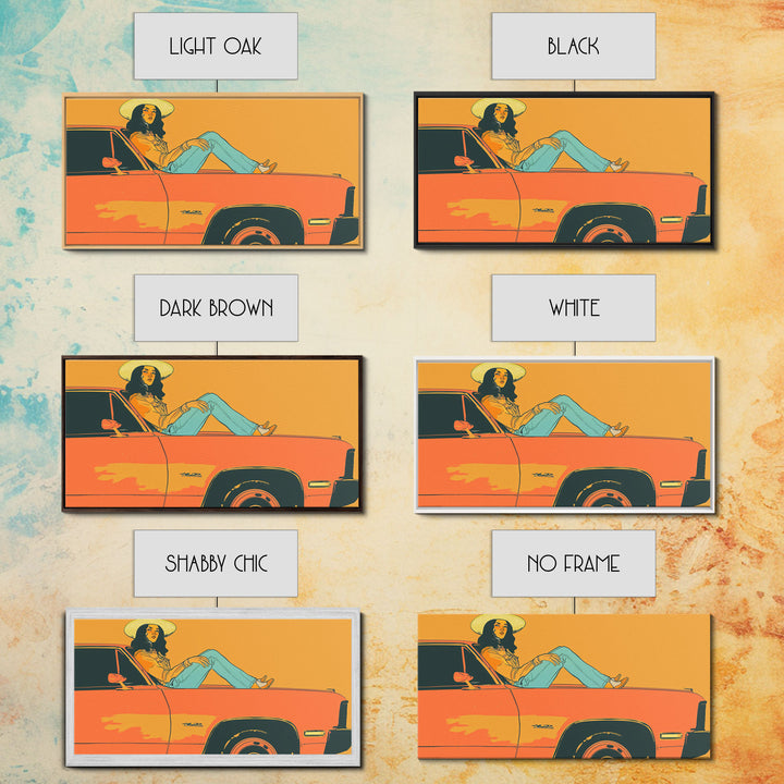 Relaxed Cowgirl Sitting on Car Hood, Retro Framed Canvas Print for Bedroom, Perfect Living Room Art, Vintage Wall Decor
