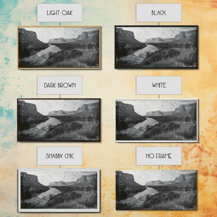 Vintage River Through Canyon, Framed Canvas Print for Rustic Living Room Decor, Ideal Western Wall Art, Bedroom Nature Scene