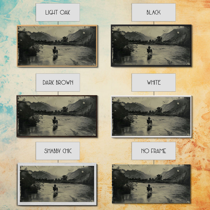 Cowboy Crossing River with Mountains, Framed Canvas Print for Western Living Room Decor, Ideal Bedroom Wall Art, Rustic Scene