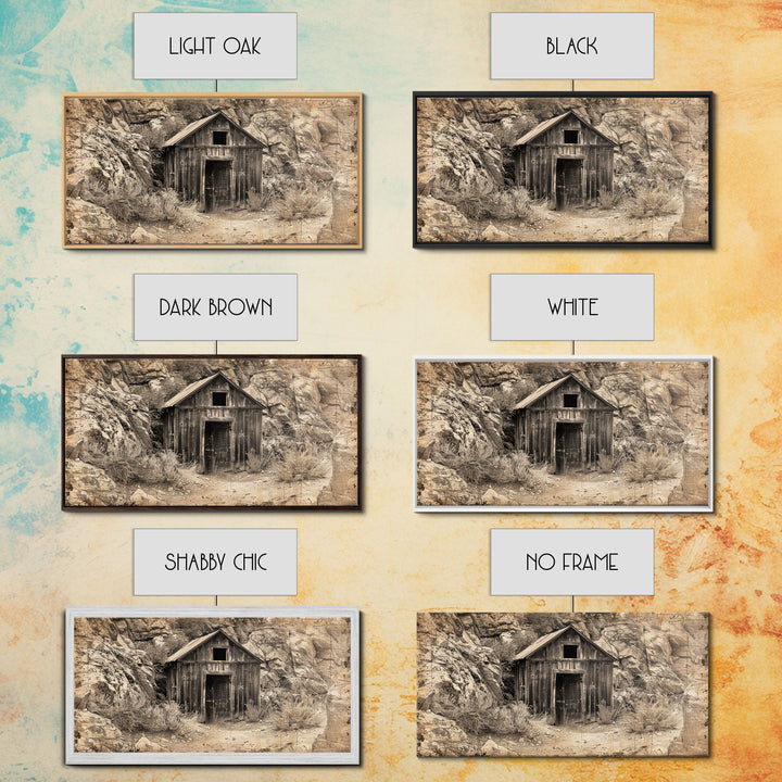 Old Wooden Shack in Rocky Terrain, Farmhouse Style Framed Canvas Print for Bedroom Art, Historical Home Decoration, Rustic Wall Art Piece