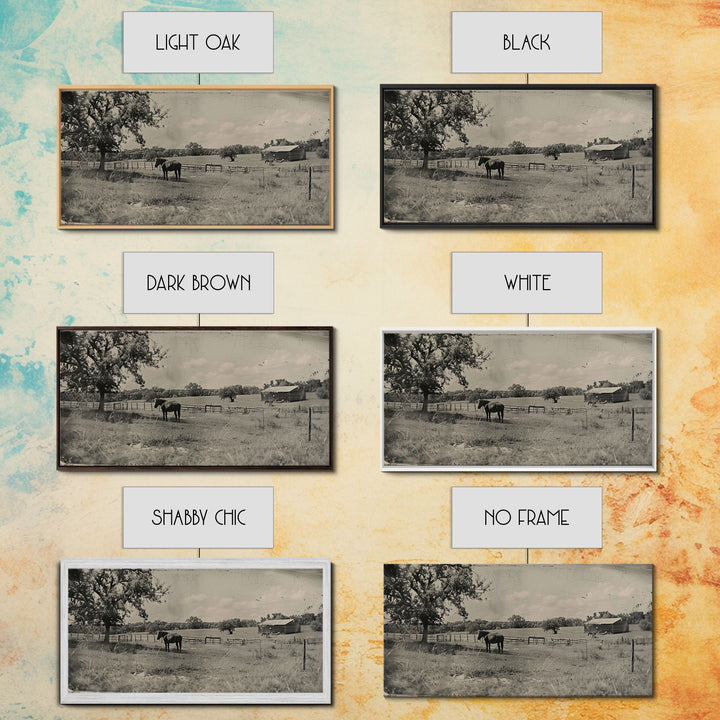 Horse Grazing in Pasture by Farmhouse, Antique Style Framed Canvas Print Country Living Room Decor, Rustic Farmhouse Wall Art, Nature Scene