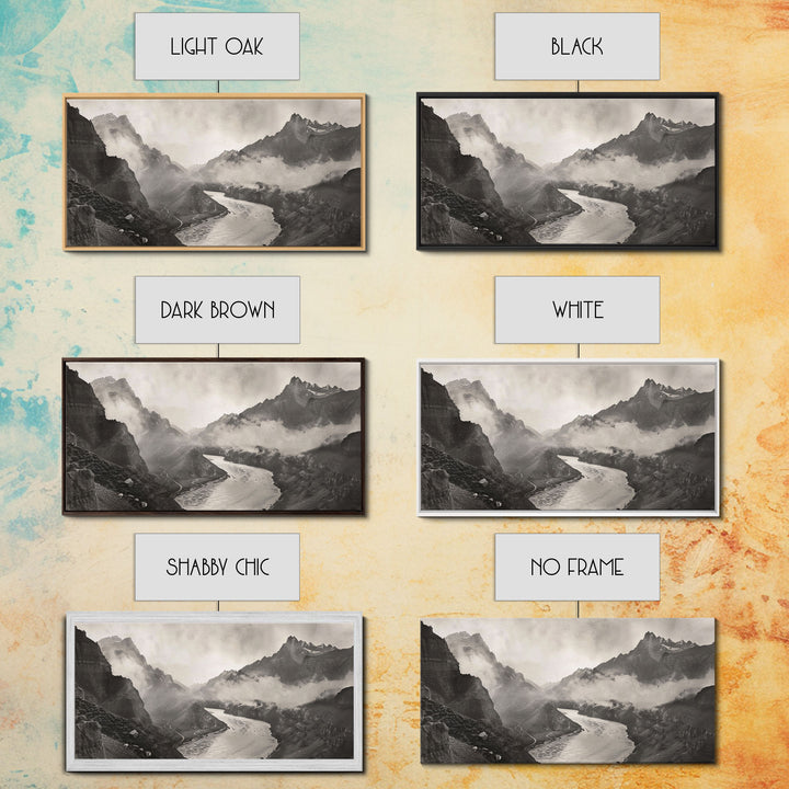 River Flowing through Mountain Valley, Black and White Framed Canvas Print for Farmhouse Bedroom Wall Art, Home Decoration, Scenic Nature