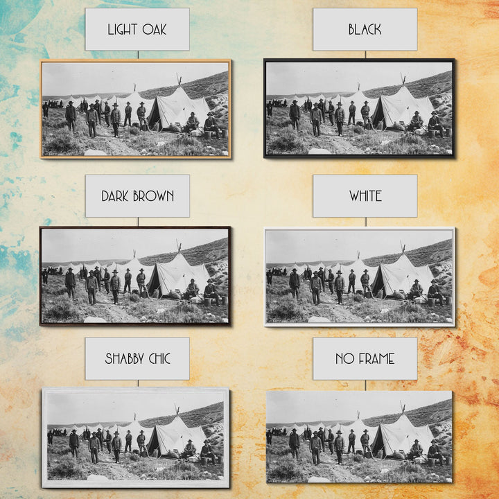 Military Camp with Tents and Soldiers, Farmhouse Style Framed Canvas Print for Historical Home Decor, Living Room Wall Art, Vintage Scene