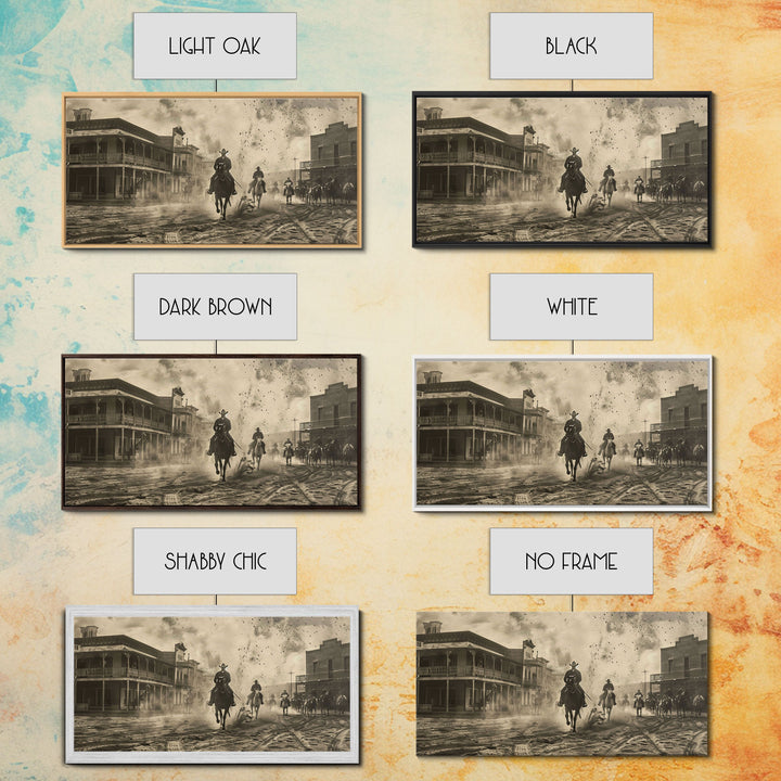 Cowboys Riding into Town, Vintage Framed Canvas Print Farmhouse Living Room Wall Art, Rustic Home Decor, Western Scene, Historical Art Piece