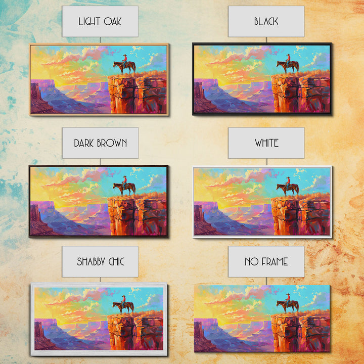 Cowboy on Horse Overlooking Canyon Sunset, Farmhouse Style Framed Canvas Print for Living Room Wall Art, Vibrant Home Decor, Western Scene