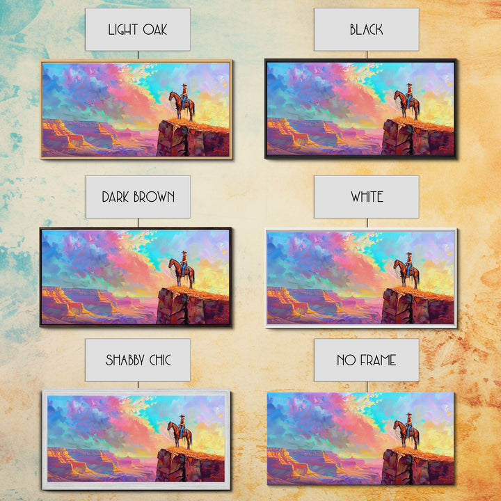 Cowboy on Horse with Colorful Sunset Sky, Farmhouse Style Framed Canvas Print for Living Room Wall Art, Vibrant Home Decor, Western Art