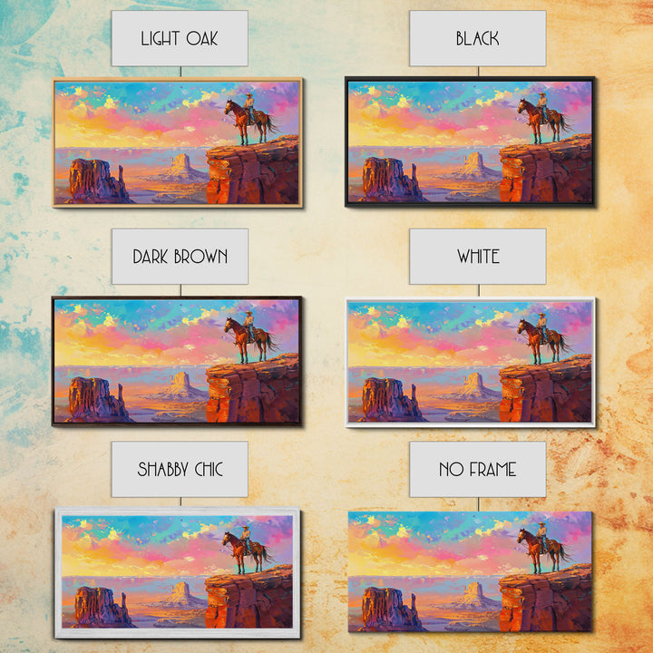 Cowboy Overlooking Monument Valley, Farmhouse Style Framed Canvas Print for Bedroom Wall Art, Rustic Home Decor, Scenic Western Landscape