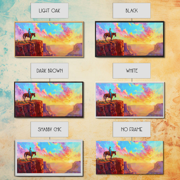 Cowboy on Horse Under Vibrant Sky, Farmhouse Style Framed Canvas Print for Bedroom Wall Art, Rustic Home Decor, Western Scenic Art