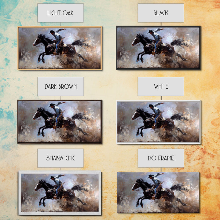 Colorful Cowboy Riding Horse in Dust, Farmhouse Style Framed Canvas Print for Living Room Wall Art, Vibrant Home Decor, Western Action Art