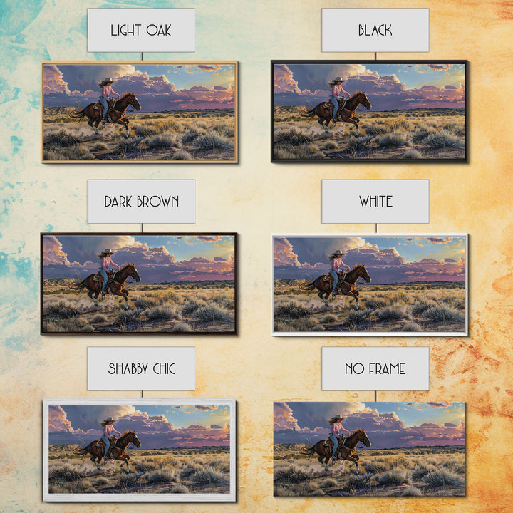 Cowgirl Galloping Across Desert Landscape, Vibrant Framed Canvas Print, Perfect for Living Room Art, Western Bedroom Decor, Desert Wall Art