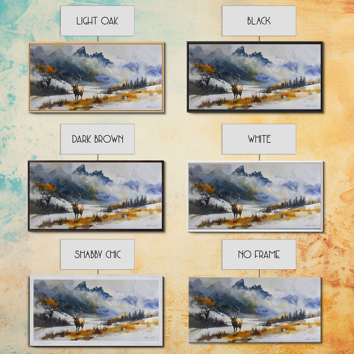 Majestic Elk in Snowy Mountain Scene, Beautiful Framed Canvas Print,for Living Room Art Rustic Bedroom Decor Nature Wall Art, Wildlife Scene