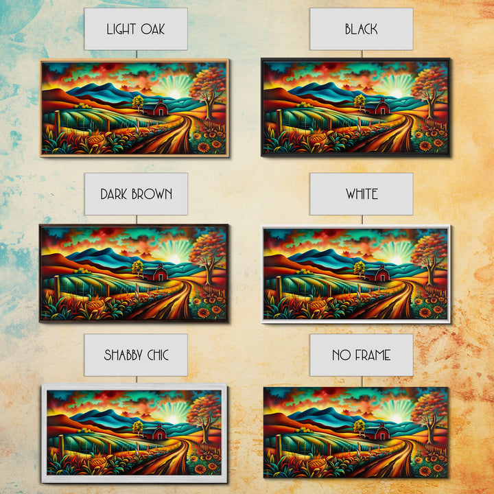 Colorful Farm Scene with Sunrise Over Mountains, Perfect Wall Art, Framed Canvas Print for Living Room or Bedroom Decor, Vibrant Nature Art