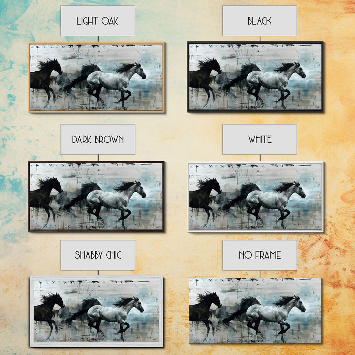 Black and White Horses Running in Abstract Landscape, Ideal Wall Art, Framed Canvas Print for Living Room or Bedroom Decor, Colorful Art