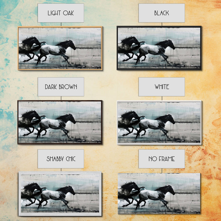 Colorful Abstract Horses Running, Black and White Wall Art, Framed Canvas Print for Living Room or Bedroom Decor, Equestrian Art