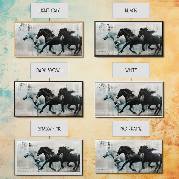 Galloping Horses in Monochrome Abstract Landscape, Perfect Wall Art, Framed Canvas Print for Living Room or Bedroom Decor, Equestrian Art