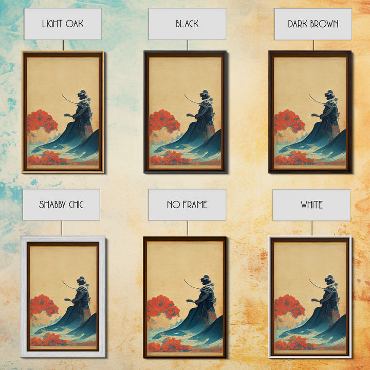 Red And Blue Japanese Samurai Warrior Wall Poster, Fine Art Print