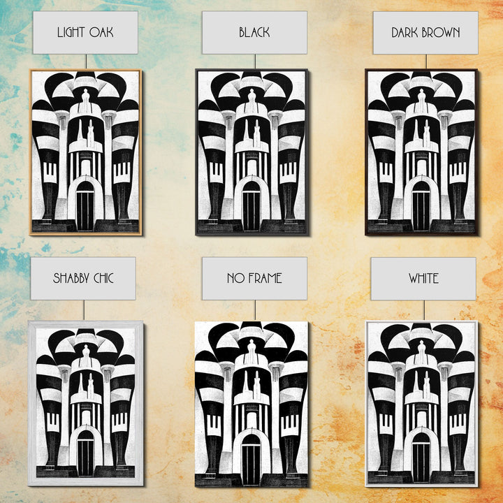 Vintage Style Art Deco Architecture Study, Framed Canvas Print, Retro Style Wall Art