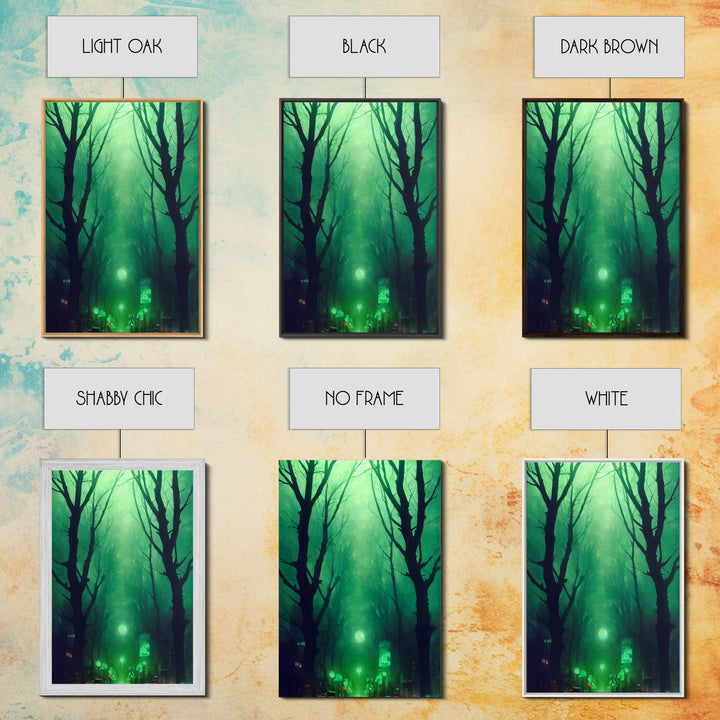 Emerald green city streets under a full moon, cool spooky art, framed canvas print