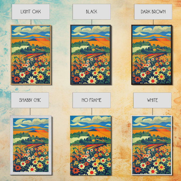 Surrealist field of daisy flowers, daisies, psychedelic art, Framed Canvas Print, Ready To Hang Framed Wall Art