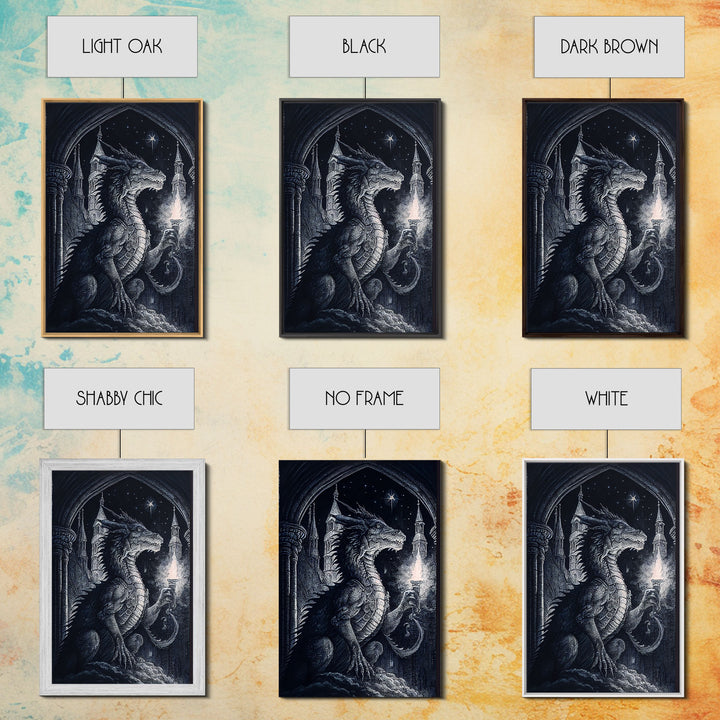 Dragon holding a torch, poster art, black and white dragon