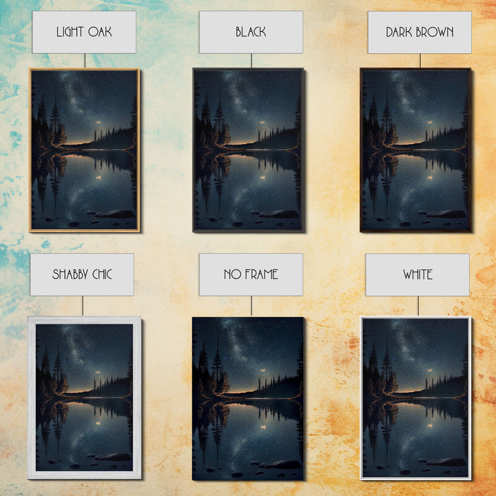 Reflections of a starry night sky over the lake, lakehouse art, beautiful framed canvas print