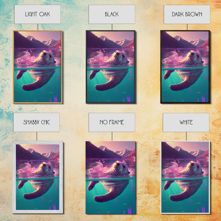 Cute Otter going for a swim, pastel retro style art, framed canvas print, Otter out for a swim in a mountain lake