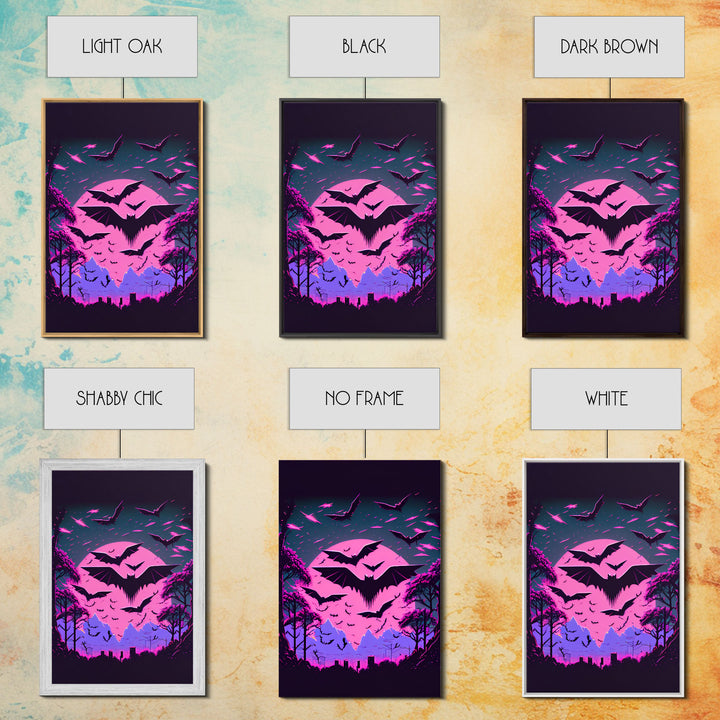 Vampire Bat Art, Horror, framed canvas print, bats in flight over a pink full moon, Halloween Decor, Halloween Wall Art