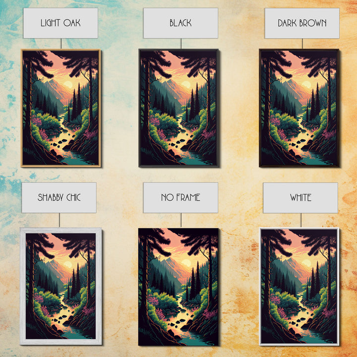 Whimsical landscape art, framed canvas print, subdued light hues sunset over the mountains