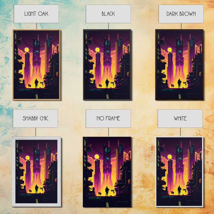 Cyberpunk art, Retrowave style dystopian cityscape art, game room art, framed canvas print, retro wave city skyline
