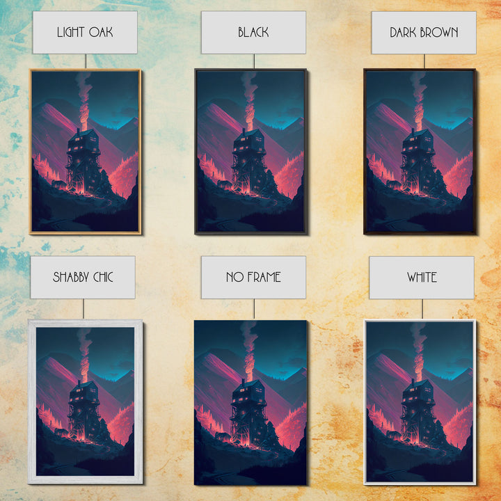 Fire-Watch, Watch Tower art, vaporwave aesthetic wall art, framed canvas print