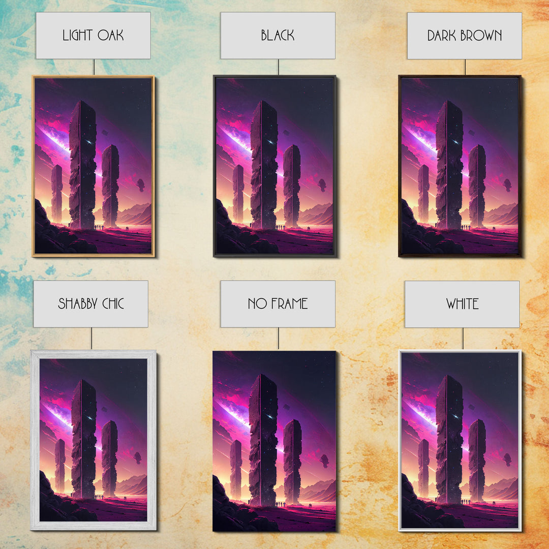 The Monoliths, Scifi art, retro synthwave style alien planet art, framed canvas print